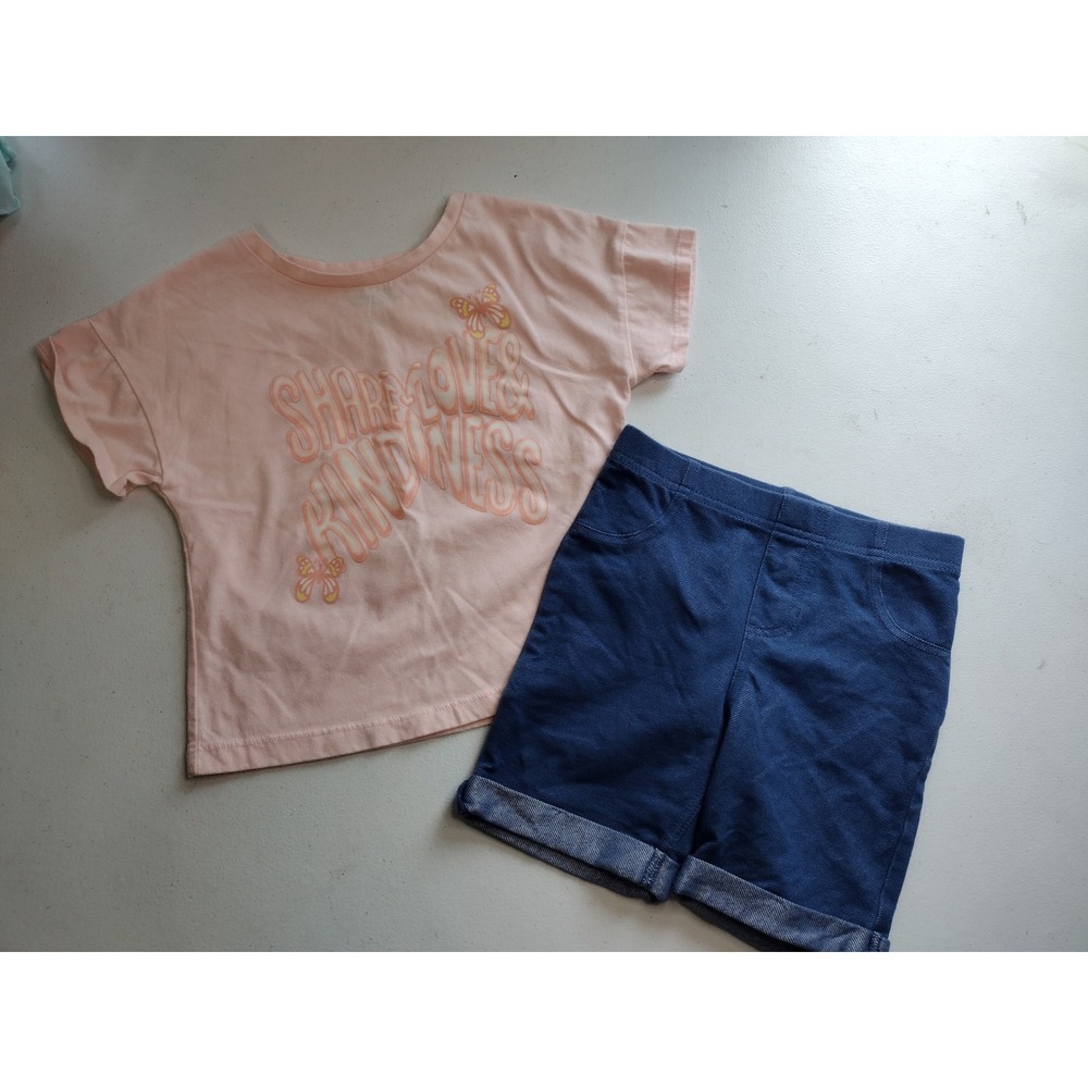 365Kids Garanimals Girls Pink Kindness Graphic Tee Blue Cuffed Shorts Set Size 6